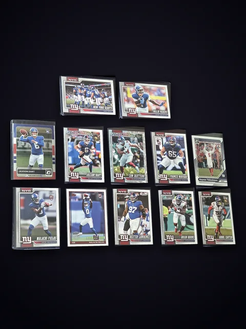 2026 Topps New York Giants 12-card lot, all twelve card fronts in top-loaders